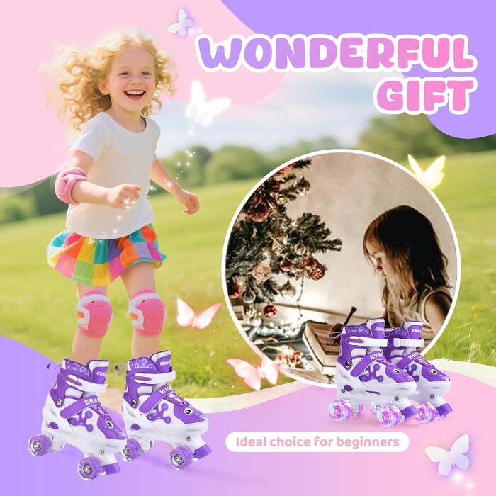 Роликові ковзани ERAN для дітей та дорослих, регульовані, світлодіодні, комфортні, ідеальні для початківців та подарунок на свята, фіолетовий колір