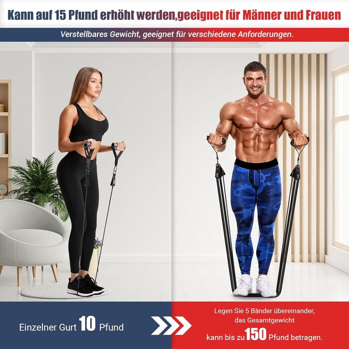 Набір еластичних стрічок для фітнесу з гумовими ручками, посібник, манжети для щиколоток, кріплення для дверей, сумка, 5 рівнів опору (150 lbs)