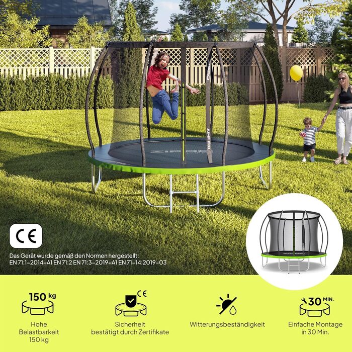 ZIPRO JumpPro Premium Трамплін для дітей Outdoor, Садовий трамплін з сіткою, Водостійкий, UV-захист, Легка збірка, Максимальне навантаження до 150 кг, Ø 252/312/374/435/496 см (10' - 252 см)
