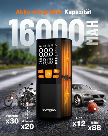 Електрична компресорна насос-автомат NEVERLAND 150 PSI, портативна, для авто, мотоцикла, велосипеда та м'ячів, акумуляторна, USB-C, LED ліхтарик, павербанк