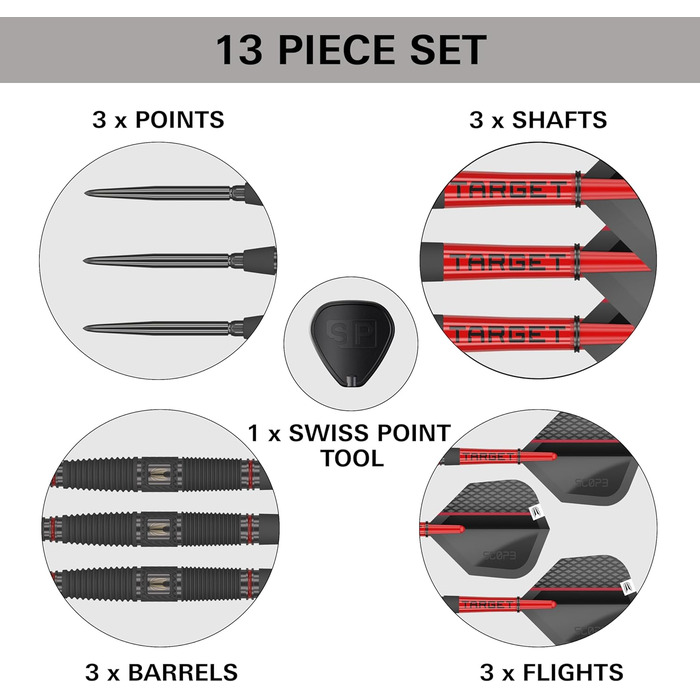 Професійний набір дротиків Target Darts Scope Swiss Point, 90% вольфрам, для гри в дартс, стілдарти червоно-чорні, з інструментом, 21-25 г