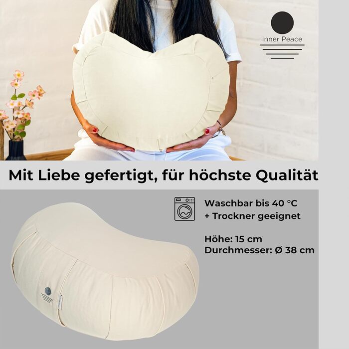 Зуф (подушка для медитації) | Подушка для йоги з еко-дзеркальцем | Подушка для медитації напівмісяця | Зроблено в Німеччині | Подушка для медитації напівмісяця | Зручний знімний чохол з 100% органічної бавовни