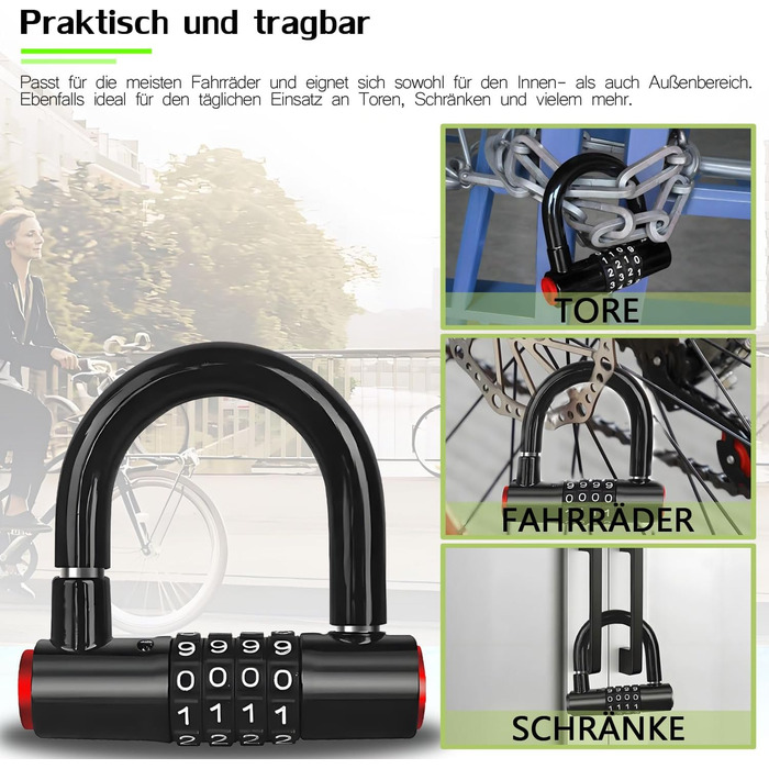 Замок для велосипеда комбінований (4 цифри) - сталевий U-Lock, захист від крадіжки, вологостійкий, з чохлом. Підходить для електровелосипедів, гірських велосипедів, міських велосипедів