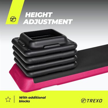 Аеробний степпер TREXO для кардіо та фітнесу, регульована висота 10/15/20 см, домашній тренажер до 250 кг, 109x41 см, чорний/рожевий