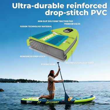SUP дошка AKSPORT 11' надувна з повним комплектом аксесуарів, 34 дюйми, антиковзке покриття, для дорослих та підлітків (блакитно-зелена)