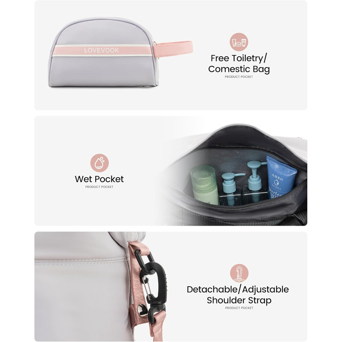 Спортивна сумка LOVEVOOK для жінок: водонепроникна дорожня сумка-мішок, 30L, сіра + рожевий ремінець