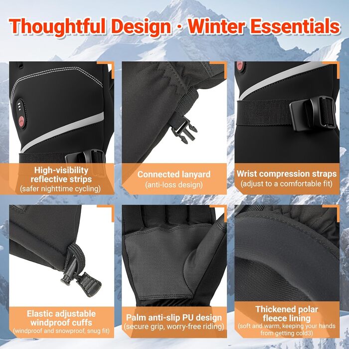 Греючі рукавички USB з підігрівом 20000mAh для чоловіків та жінок, 7.4V, 3 температурні режими, сенсорний екран, водонепроникні, антиковзкі, для зимової роботи на вулиці, чорні