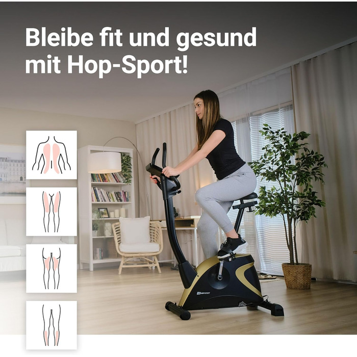 Велотренажер Hop-Sport HS-005H з керуванням через додаток, 12 програмами тренувань, 16 рівнями опору, для дому, до 150 кг, золотий