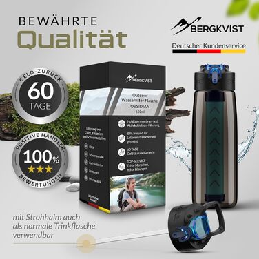 Фільтр-пляшка BERGKVIST OBSIDIAN 650 мл з компасом, чорна – туристична фільтраційна пляшка для очищення води, для кемпінгу, виживання та підготовки