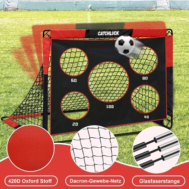 Дитячі футбольні ворота CATCHLUCK 2-в-1 для саду, 150x120x120 см, з 5 отворами для ударів, сумкою та кілочками, червоні