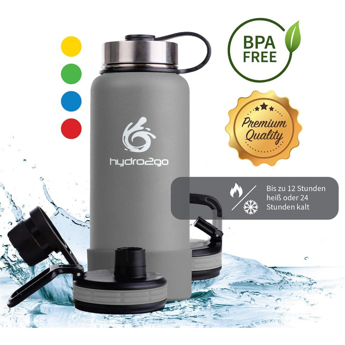 Гідрофляга hydro2go X-AlpsBottle 1 л з нержавіючої сталі – вакуумна термобутилка з 3 кришками, подвійними стінками, для спорту та туризму, Stone Grey