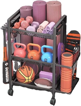 Стійка для гантелей на 3 яруси з роликами – органайзер для йогаматів та спортивного інвентарю, чорний. Підходить для дому та вулиці.