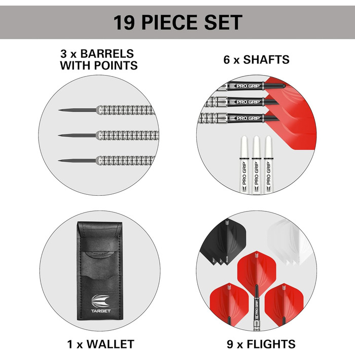 Дротики Target Darts Artemis 21-26 г вольфрамові з металевим вістрям, комплект: 6 Pro Grip шафтів, 9 Pro Ultra лайнерів, чохол для дротиків, купон на додаток Dart Counter