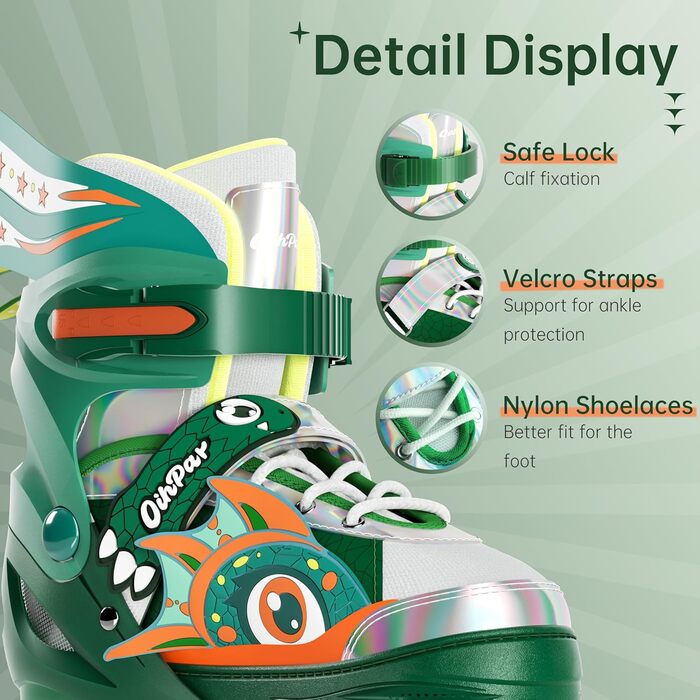 Дитячі ролики Quad Roller Skates з підсвічуванням коліс, регульовані по розміру, зелені (32-35)