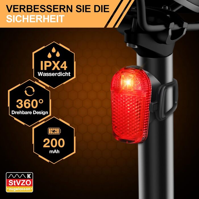 Набір велосипедних LED фар StVZO 30/15 LUX, 360° підсвітка, водонепроникний IPX4, акумулятор USB, до 10 годин, передня та задня фара для дорослих і дітей