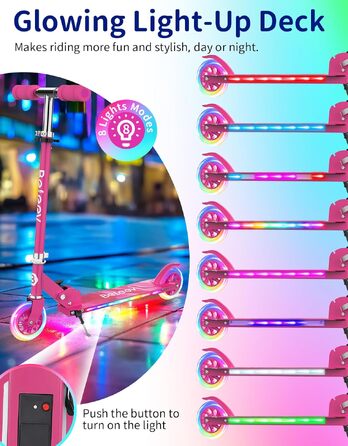 Дитячий самокат BELEEV V1Plus з LED-підсвіткою коліс та деки, складаний, з регулюванням висоти, для дітей 3-12 років (Hot Pink)