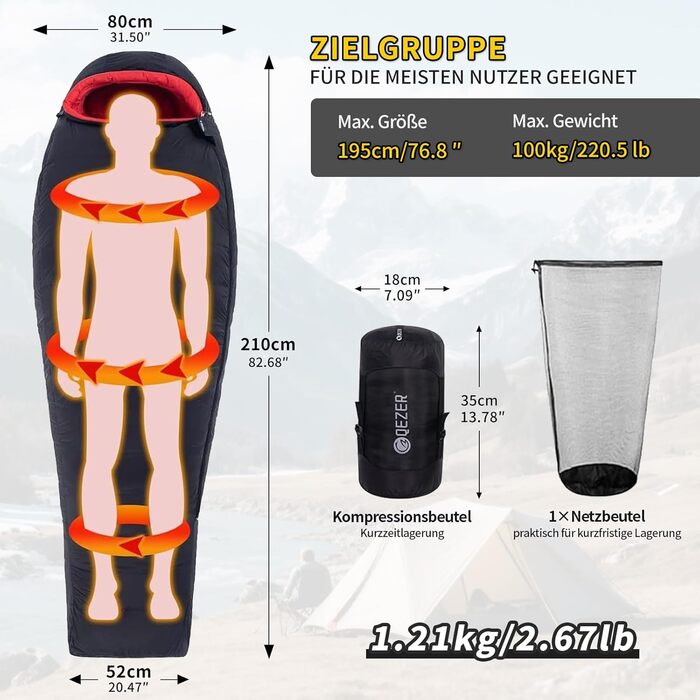 Спальний мішок для дорослих та дітей, легкий зимовий, Outdoor 8°C ~ -30°C для кемпінгу та альпінізму з 650 FP гусячий пух (Чорний, 700г пуху)