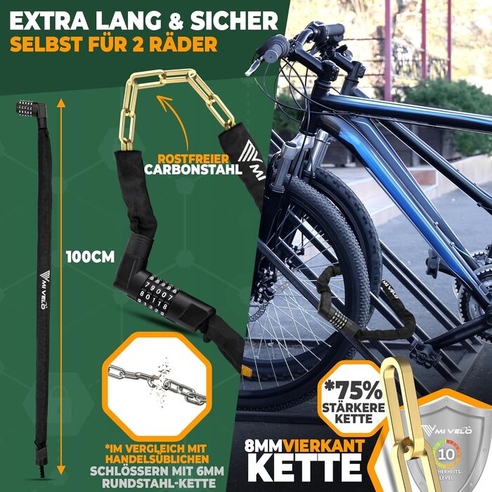 Замок для велосипеда MIVELO ланцюговий, 100 см, висока безпека. 8 мм загартована сталь, кодовий замок. Підходить для E-bike, MTB, шосе.