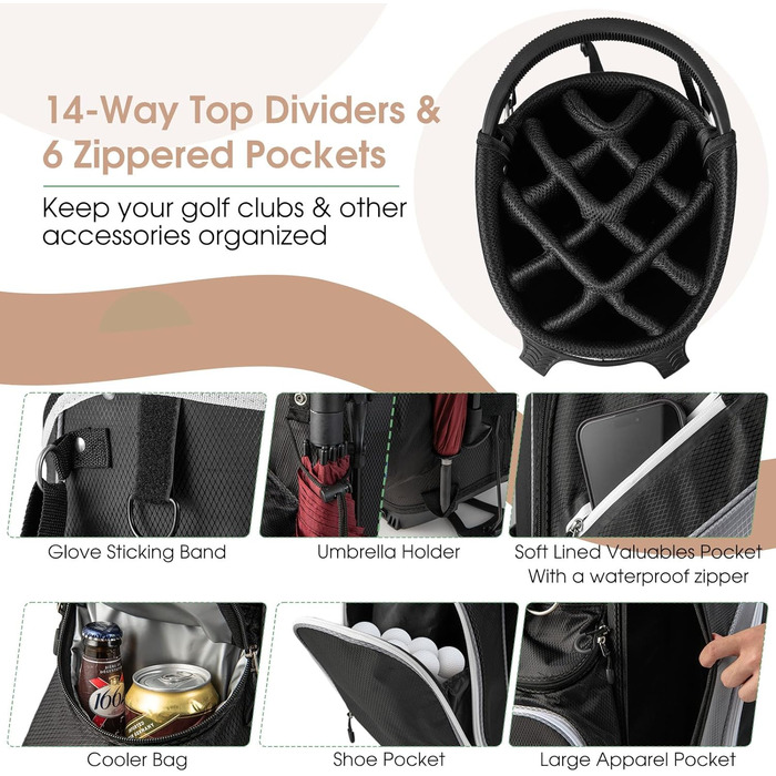 Сумка для гольфу LIFEZEAL зі стійкою, 14 відділень, легка, з подвійними ручками, 6 кишень на блискавці, дощовик, сіра, для чоловіків та жінок