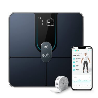 Розумна вага eufy P2 Pro, цифрова ваги для визначення складу тіла, Wi-Fi/Bluetooth, 16 показників: вага, серцебиття, жир, ІМТ, м'язова та кісткова маса, чорна