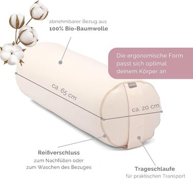 Болстер для йоги Bodhi ECO, 100% органічна бавовна, кругла подушка з наповнювачем з біо-спельти, знімний чохол, 65x20 см, натуральний, для відновлювальної йоги