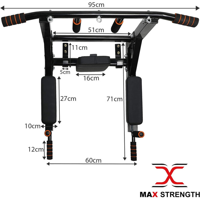 MAXSTRENGTH настінний турнік для підтягувань, фітнесу, домашніх тренувань, спортзалу, з гачками для TRX, міцне кріплення