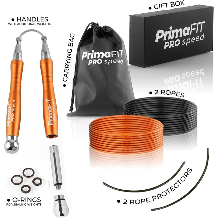 PrimaFIT Стрибкове канат для фітнесу та боксу: 3м, регульований, з вагами, 2 підшипники, антиковзні ручки, для MMA, Crossfit, та фітнесу (Помаранчевий)