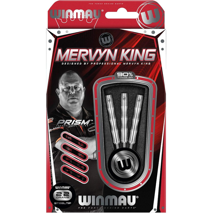 Дартс WINMAU Champions Mervyn King 22г, професійний, вольфрамовий, сталевий наконечник, набір з хвостовиками та оперенням