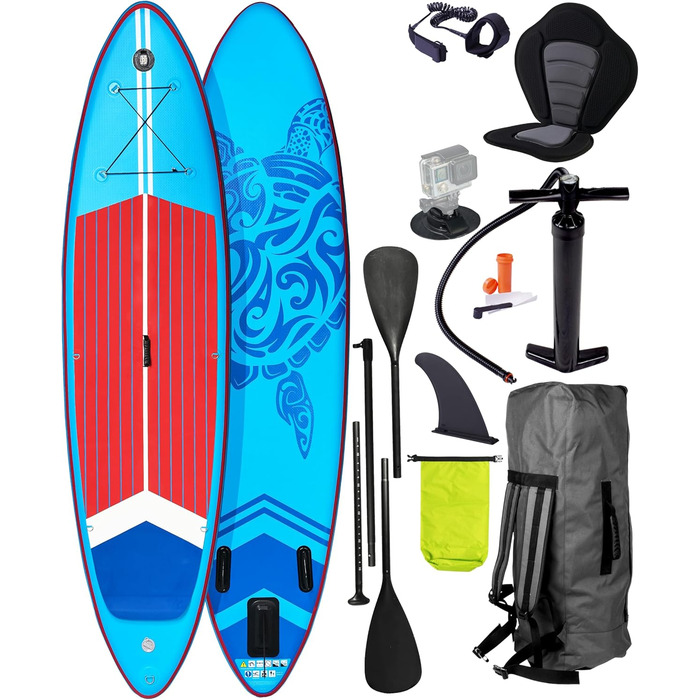 Надувний SUP Board BRST Turtle | Комплект для станд-ап паддлбордингу | 320x81x15 см | 4 дизайни | 5 років гарантії | з аксесуарами | 2в1: SUP Board та каяк | з кріпленням для Action Cam, фіксатором для ноги, рюкзаком | Синій
