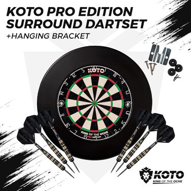 Професійний дартс-набір KOTO King Pro Surround чорний, 3 дротики, 2 комплекти оперень, 2 комплекти стрижнів (короткі та середні), чохол з логотипом KOTO, підходить для всіх дартс-мішеней, з кільцем для захисту стін і стріл