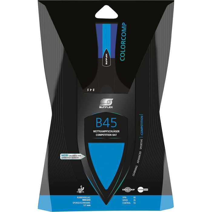 Sunflex Color COMP B45 професійна ракетка для настільного тенісу з синім ITTF сертифікованим накладенням, конкавна ручка, комплект з чохлом і 3 м'ячами для професіоналів та клубних гравців