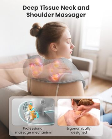Масажер для шиї та плечей Snailax з підігрівом, акумуляторний Shiatsu 4D, для шиї, плечей, спини, подарунок, сірий та зелений