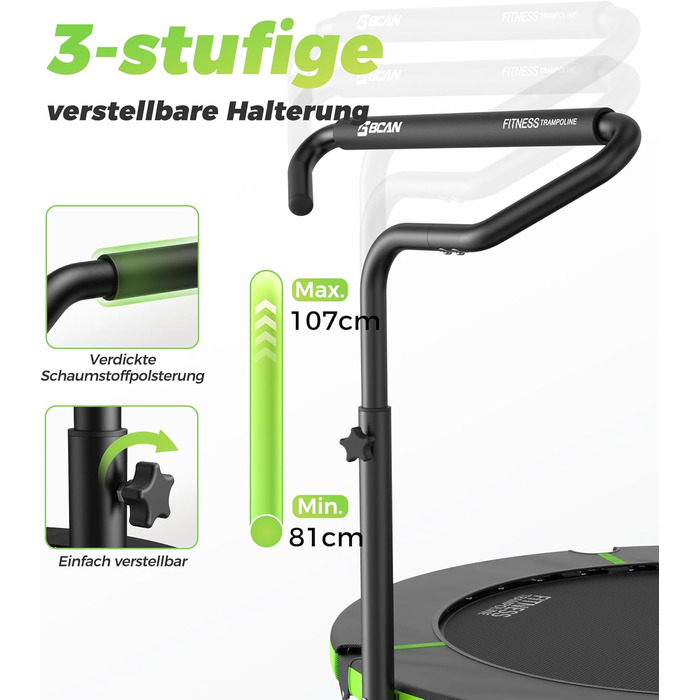 Міні-батут BCAN для дому, 102 см, складний, для дорослих, з регульованою ручкою, до 150 кг, для фітнесу та тренувань