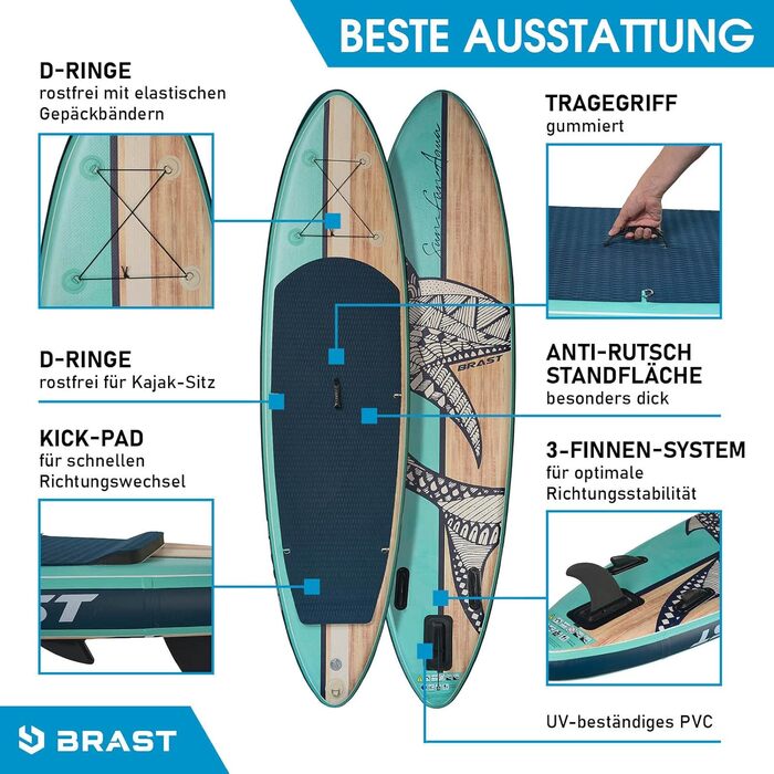 Надувна SUP дошка BRAST Shark 300-320 см, комплект із веслом 2в1, сидінням для каяка, тримачем для камери, насосом, рюкзаком, 5 років гарантії