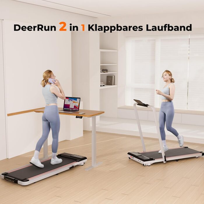 Біговий тренажер DeerRun для дому з робочим столом, сумісний з високотехнологічними пристроями, MAX 136 кг, керування через APP, складаний Walking Pad з курсами тренувань та багатокористувацькими змаганнями, білий (рожевий)