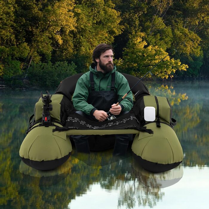 Надувне рибальське сидіння Belly Boat Costway з регульованим утримувачем вудки, зеленого кольору