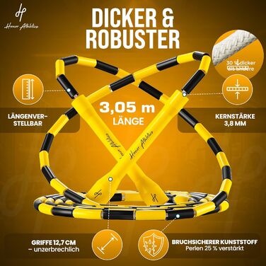 Стрибкове канат Honor Athletics 2.0 з перлами - регульований, з міцними ручками та розривостійкими перлами для покращених тренувань. Чорний та жовтий