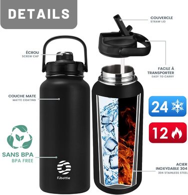 Термос-бутилка Fjbottle з нержавіючої сталі зі соломинкою, 950/1200 мл, 2 кришки, BPA-free, герметична спортивна пляшка для води, для газованих напоїв, школи, фітнесу, велосипеда