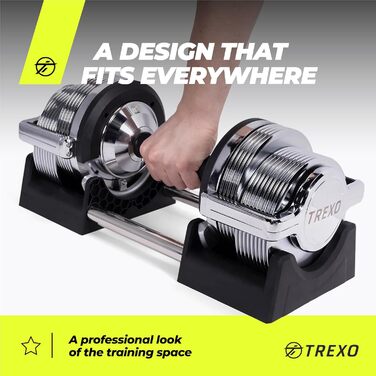 Регульована гантеля TREXO хромована 3-32 кг, 30 рівнів ваги, з ергономічною нековзкою ручкою для силових тренувань і фітнесу