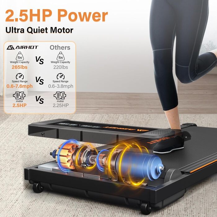 Доріжка для ходьби Walking Pad 2.5 к.с., тиха, з пультом та LED-дисплеєм, компактна бігова доріжка для дому та офісу, чорна з поручнем