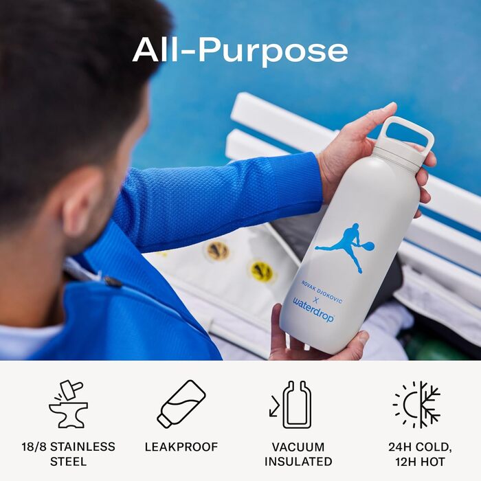 Термос пляшка Waterdrop Microdrink x Novak Djokovic 1.4 л, ізольована нержавіюча сталь, для напоїв, 24 год холоду, 12 год тепла, герметична та ударостійка