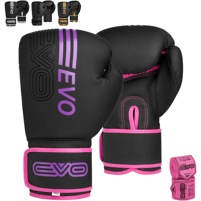Боксерські рукавички EVO для чоловіків та жінок, MMA, Муай Тай, бокс, кікбоксинг, тренування, спаринги, рожеві, 8 OZ, з рожевими бандажами