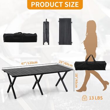 Складаний туристичний стіл Boosden 120x80 см з сумкою для пікніка, грилю та відпочинку на природі (чорний)