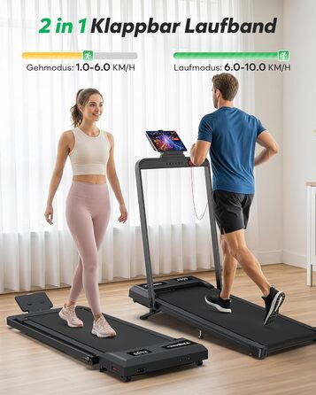 Тренажер для дому 2-в-1 Laufband Klappbar: складаний біговий килимок з нахилом 10%, потужність 3.0PS, LED-дисплей, для дому та офісу, до 145 кг, чорний з ручками