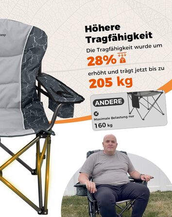 Крісло для кемпінгу KingCamp XXL, 205 кг, чорне, з регульованою спинкою, високе, з кишенею для напоїв та сумкою-холодильником