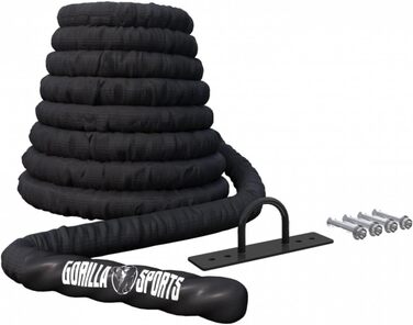 GORILLA SPORTS Батл-роуп для фітнесу, 9/12/15 м, Ø 38/50 мм, нейлон, з настінним кріпленням, чорний – тренувальне канатне для кросфіту, силових вправ, нарощування м’язів