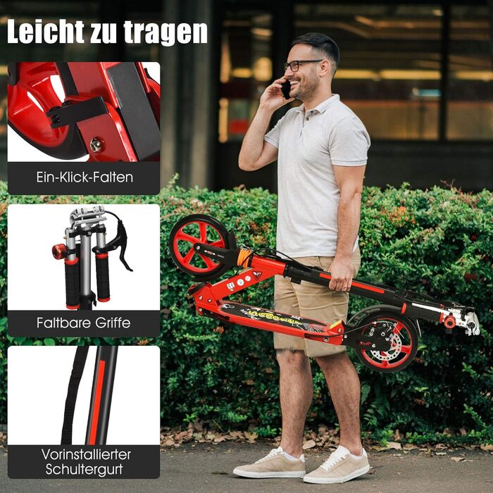 GOPLUS Ролер Кіндер 8 років, міський ролер для дітей, підлітків та дорослих до 100 кг, 3-рівневий регульований ролер, складаний самокат з колесами 200 мм, гальмо на задньому колесі та ремінь (Червоний)