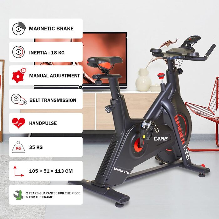 Велотренажер Care Fitness Spider LTD з Bluetooth, магнітним гальмом, ремінним приводом, 15 кг маховиком, програмами Kinomap