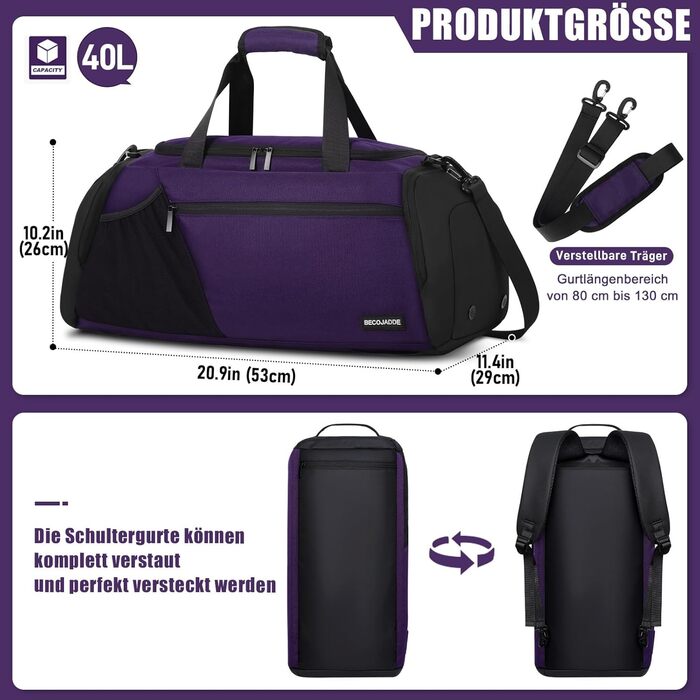 Спортивна сумка чоловіча 40L, рюкзак-трансформер з відділенням для взуття та мокрих речей, водонепроникна, для тренувань, подорожей, універсальна (фіолетовий)