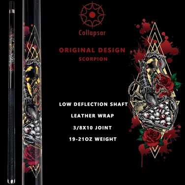 Професійний більярдний кий Collapsar CBP з чохлом, 13 мм наконечник, 147.3 см, 2-частинний, 538.6–595.3 г, 19 ounce. Комплект більярдного кия Skorpion Swing Ball